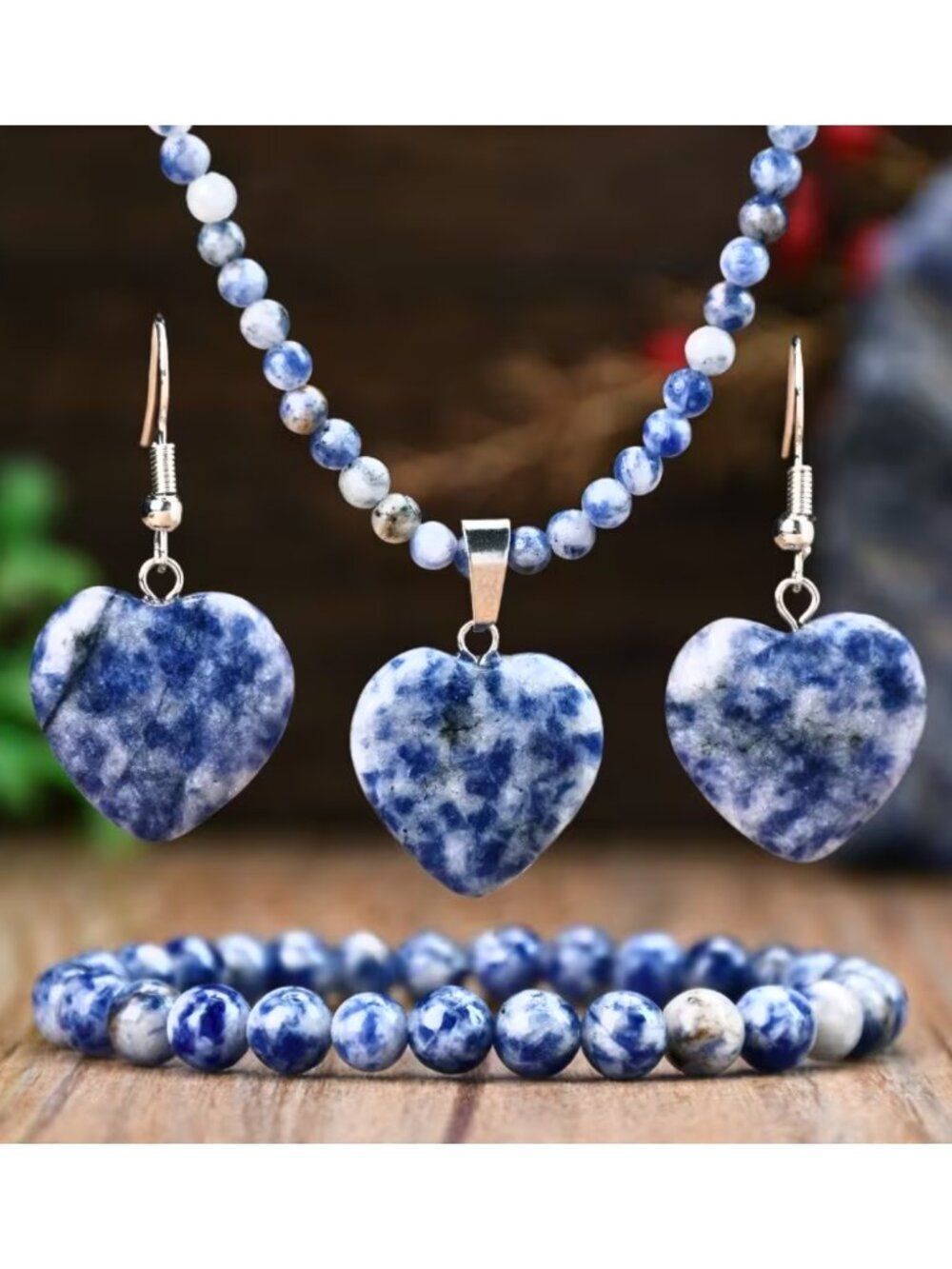 NWT White K Gold Plated Blue Sodalite Stone Heart Necklace Earring Bracelet Set